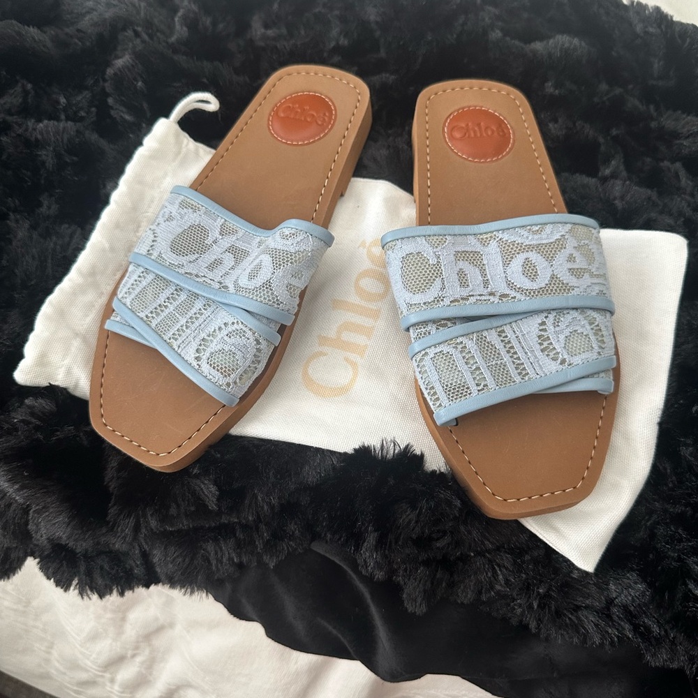 NOT FOR SALE Chloe Light Blue and Tan Slide Sandals